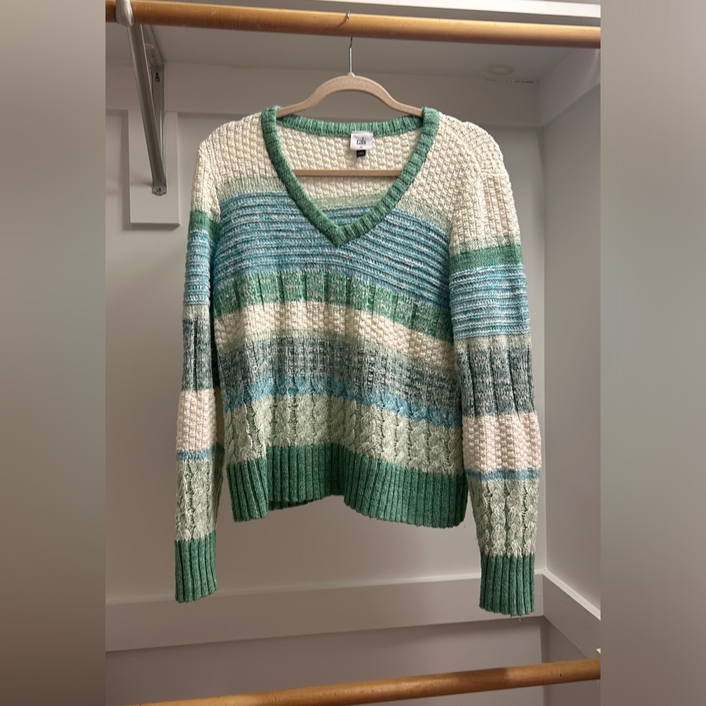Cabi sweater in beautiful blues and greens. Medium